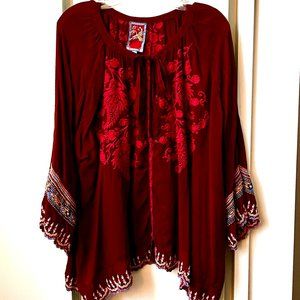 JOHNNY WAS Embroidered Tunic * Size XXL * Deep Red * LS Button Down *